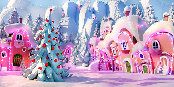 美丽的圣诞村庄覆盖着雪和大圣诞树3D渲染插图。房子装饰着圣诞彩灯，霓虹灯闪闪发光。冬天，圣诞节，新年的想法。图片下载