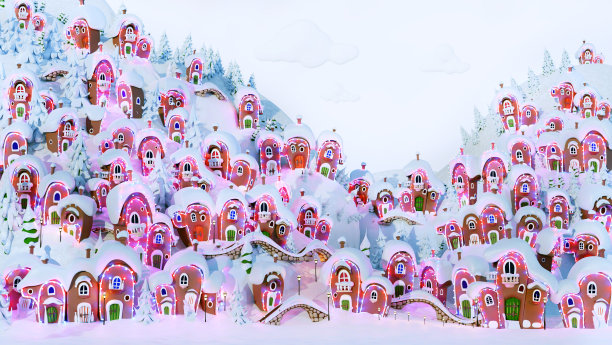 可爱的童话圣诞村覆盖的雪，3D渲染插图。房子里装饰着圣诞彩灯，新年想法。图片下载