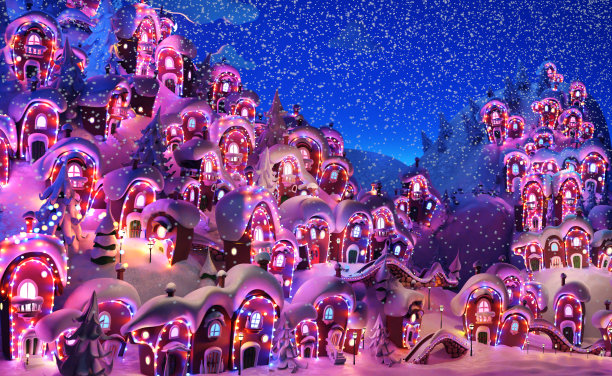 可爱的卡通圣诞村与雪在夜间3D渲染插图。房子里装饰着圣诞彩灯，新年想法。图片下载