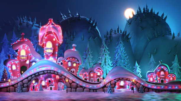 可爱的卡通圣诞村与雪在夜间3D渲染插图。房子里装饰着圣诞彩灯，新年想法。图片下载