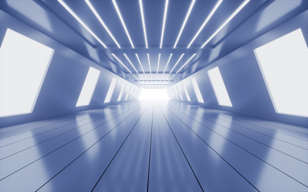 蓝色抽象隧道与霓虹灯线，3d渲染。图片下载