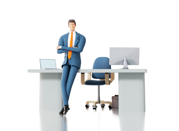 成功的商人把笔记本电脑放在桌上工作。三维渲染图图片下载