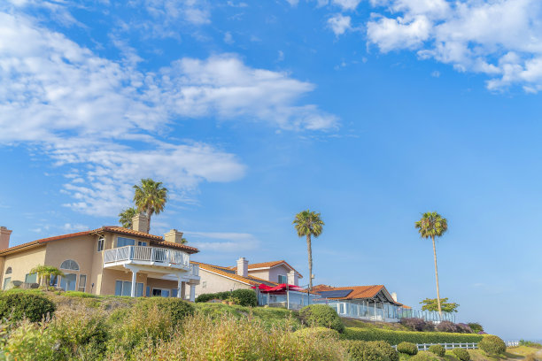 南加州一座山顶上的大型住宅和棕榈树图片下载