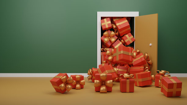 红色的礼品盒从绿色房间的门上掉了出来。圣诞节和新年的概念。模拟空屏幕复制空间。3D渲染插图。图片下载