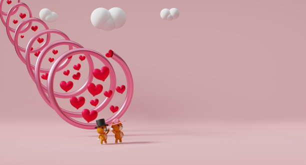 泰迪熊心形情人节背景在粉红色粉彩构图，3d插图或3d渲染，复制空间图片下载