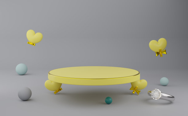 讲台空黄色心形在灰色组成的现代舞台展示和极简主义的模型，情人节背景，概念3d插图或3d渲染图片下载