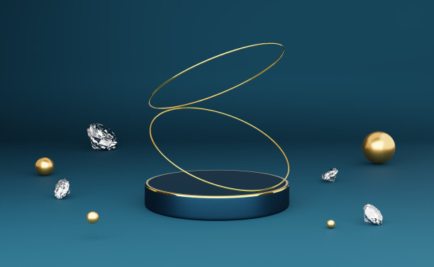 领奖台空钻石和几何形状在蓝色组成的现代舞台展示和极简主义的模型，抽象的展示背景，概念3d插图或3d渲染图片下载