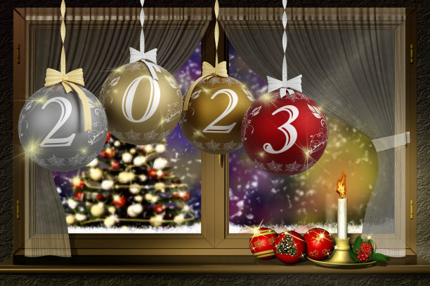 2023年新年。新年2023与圣诞装饰- 3D插图图片下载