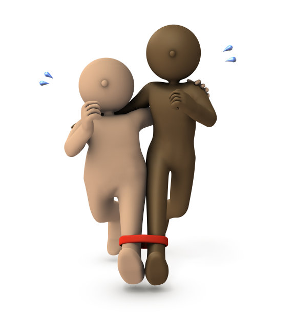 两个人在三腿赛跑中奋力奔跑的精妙组合。亚洲人和非洲人。肩并肩一起跑。白色背景。3 d渲染。图片下载