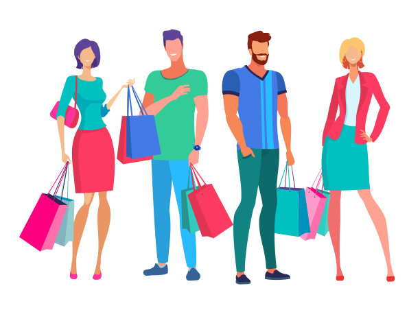 情侣们手拿购物袋站着拍照。图片下载