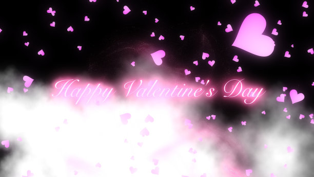 情人节背景与发光的情人节快乐的文本与粉红色心形在黑色固体背景白云。图片下载