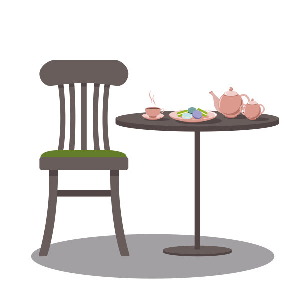 Сhair stands next to table with  teapot, cup, dessert on plate, sugar bowl in coffee shop or cafe图片下载