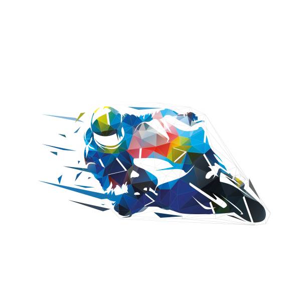 公路摩托车比赛，抽象低多边形孤立矢量插图，前视图。几何摩托车比赛标志从三角形图片下载