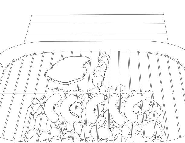 火盆的轮廓与肉和香肠从黑色线孤立在白色背景。前视图。3 d。矢量插图。图片下载