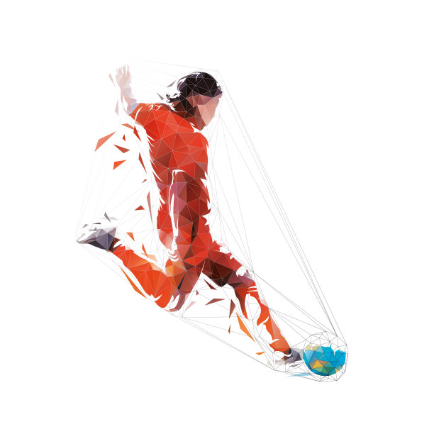 足球运动员踢球，低多边形孤立矢量插图，三角形几何绘图。足球运动员标志，侧面视图素材图片