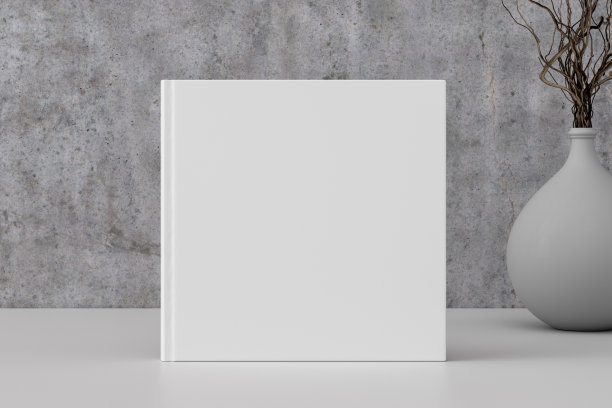 方形书封面模拟站在白色的桌子与混凝土墙背景。图片下载