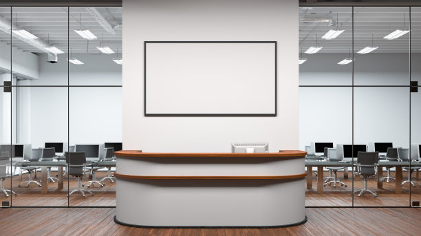 空白的水平海报在办公室前台上方的墙上图片下载