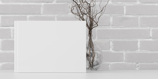 水平书封面模拟站在白色的桌子与白砖墙背景。图片下载