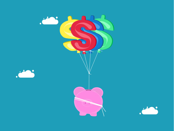 储蓄和投资。装满钱气球的存钱罐。向量图片下载