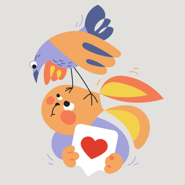 情人节明信片，一只兔子，手上有颗心，头上有只鸟图片下载