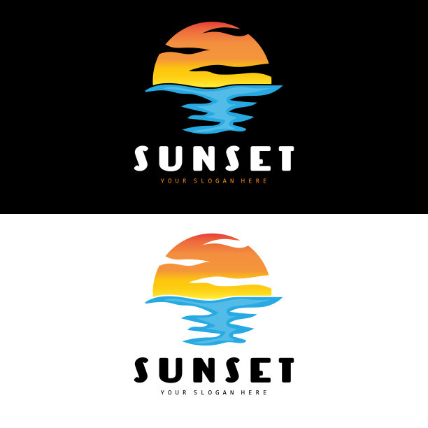 日落标志，海滩设计，河流和太阳插图，矢量享受黄昏图片下载