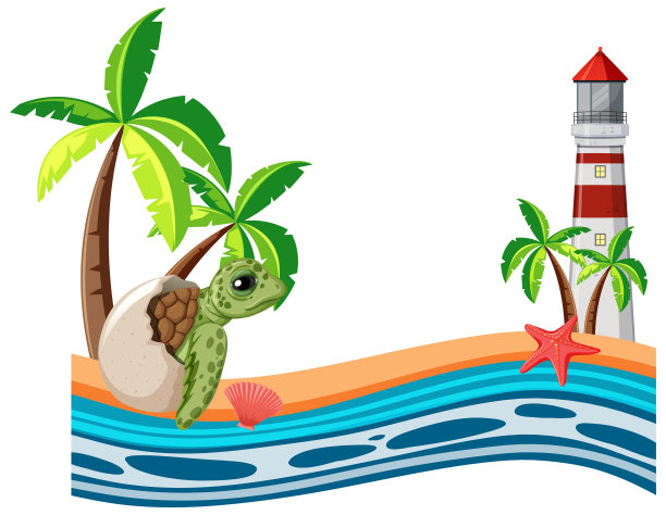 海龟与灯塔海滩图片下载