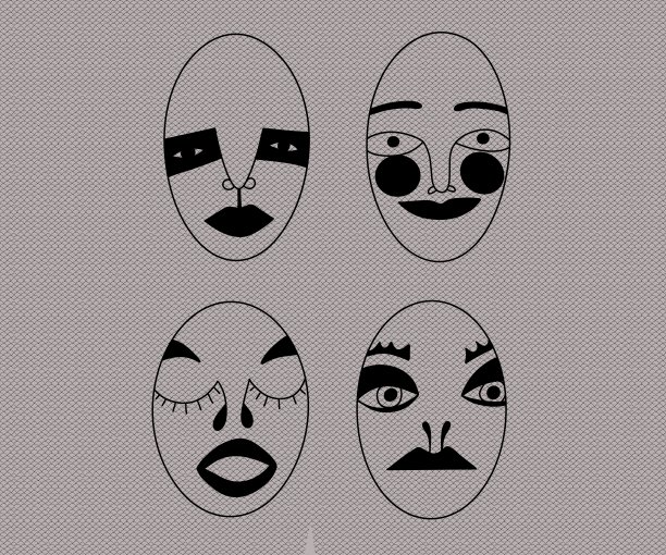 在类似鱼鳞的灰色背景上，几个有着不同面部表情和情绪的超现实主义奇怪的头部。非同寻常的抽象画图片下载