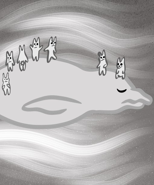 抽象。一只可爱的灰色海牛在游泳，它闭着眼睛，背上背了很多白色的兔子，在灰色的背景上，它们的周围有一束光。幻想和梦想的概念图片下载