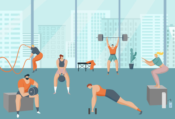 健身训练，交叉健身，矢量插画，扁平化人物使用运动器材，壶铃，杠铃，绳索。图片下载