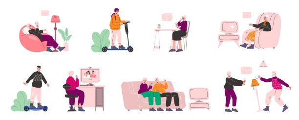 现代老年人的小玩意。人们使用笔记本电脑、滑板车或移动电话。先进的设备在手中。奶奶在网上聊天。戴着VR眼镜的爷爷。向量祖父母集合图片下载