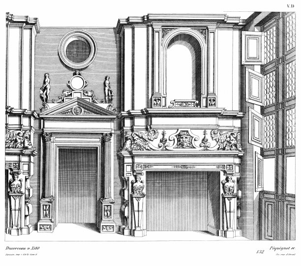 室内和壁炉，Pierre Gabriel Berthault，约1580年(2个图案)，法国文艺复兴时期，Old decoration 1875年。图片下载