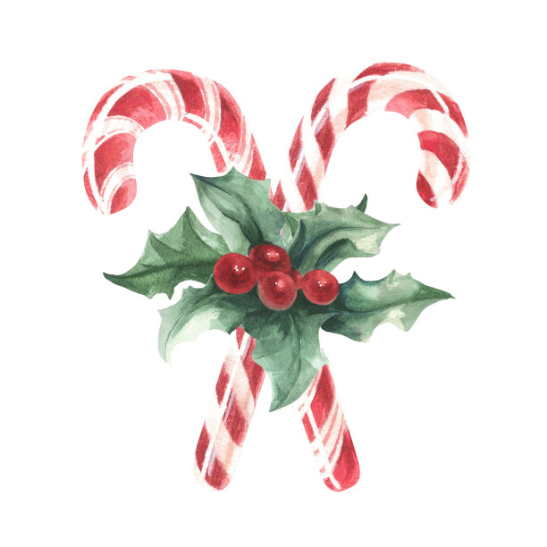 红色的棒棒糖，绿色的树枝和红色的浆果。水彩插图。隔离图片下载