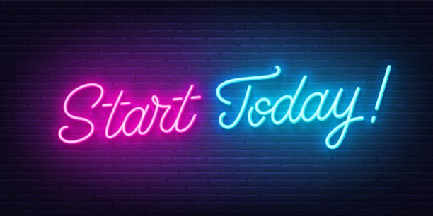 砖墙背景上的霓虹灯标志今天开始。图片下载