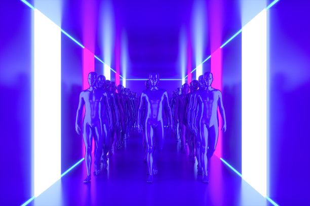 在带有霓虹灯的隧道走廊上行走的半机械人图片下载