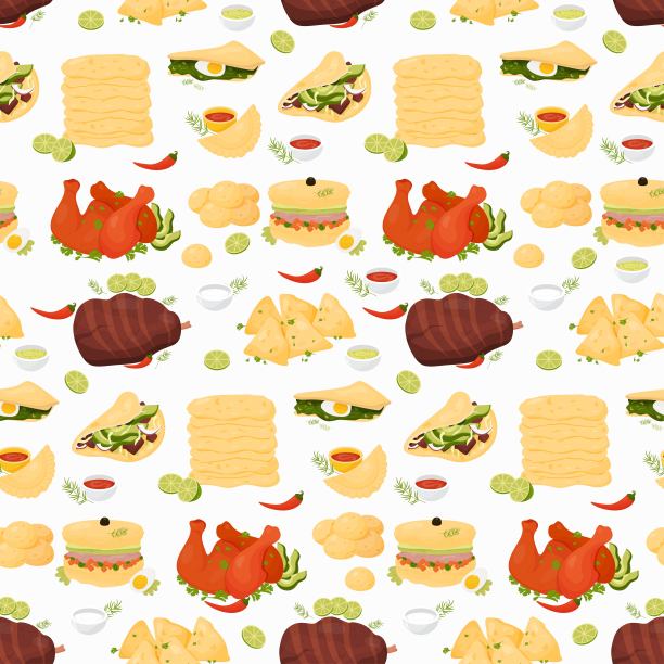白色背景上的墨西哥菜和拉丁美洲传统菜肴的无缝图案。矢量插图。无穷无尽的背景民族菜肴用于烹饪装饰和设计。图片下载