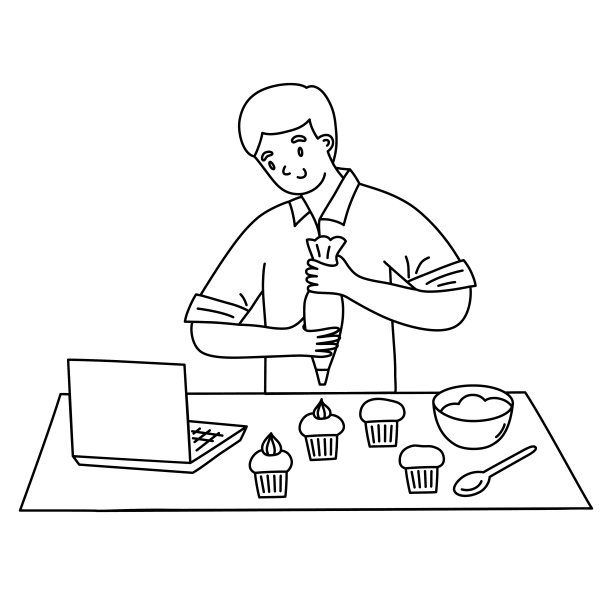 男人烹饪视频食谱，男孩烘焙，同时在笔记本电脑上观看教程，装饰纸杯蛋糕图标，矢量涂鸦插图图片下载