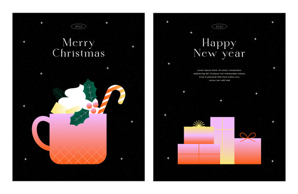 新年快乐和圣诞快乐设计。冬季杯，热巧克力或可可。节日问候横幅，海报，宣传册。新一代充满活力的梯度。现代风格。新潮的平面矢量插图。图片下载