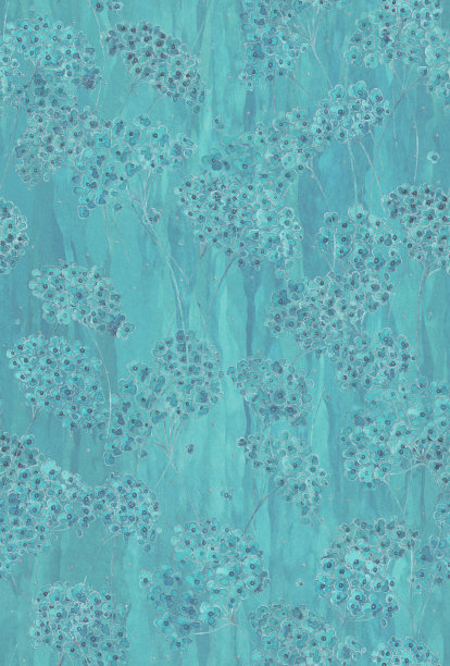 复古花无缝模式绿松石细枝与小花银色轮廓纹理背景图片下载