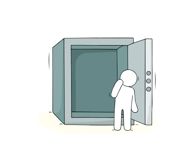 空的金属保险箱，敞开的门和沉思的人图片下载