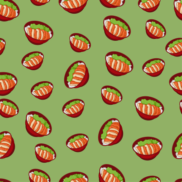 卡通红烧鸡，日式料理无缝花纹，色彩缤纷图片下载