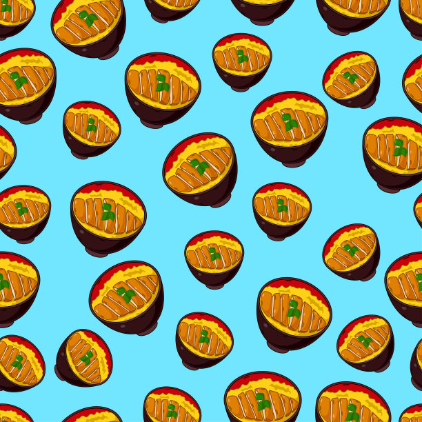 卡通猪排，日式料理无缝图案，色彩缤纷图片下载