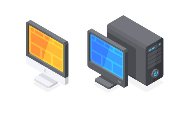 黑白电脑。带有系统机箱的桌面监视器。平面三维矢量等距插图隔离在白色背景上图片下载