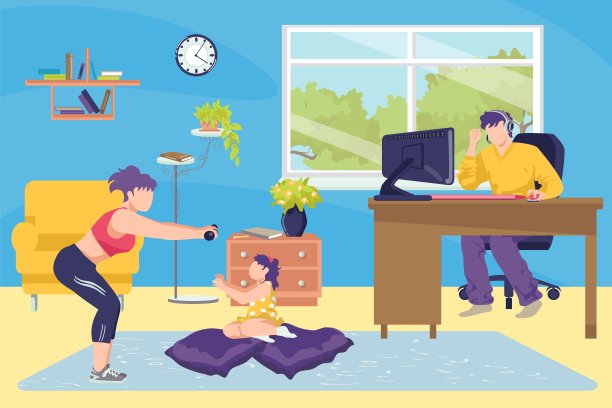 居家家庭概念矢量图：男人在家用电脑工作，母亲和女儿做运动图片下载
