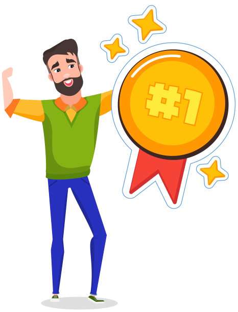 男性角色在比赛中获奖、获奖。快乐的人附近的黄金奖杯图标，奖章贴纸图片下载