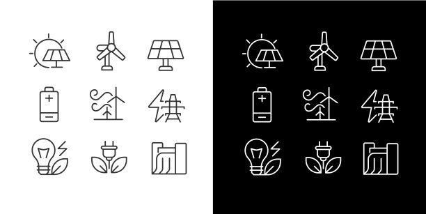 可持续能源像素完美线性图标设置为黑暗，光明模式图片下载
