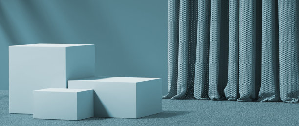 现代的蓝色立方体看台。产品推广背景- 3D插图图片下载