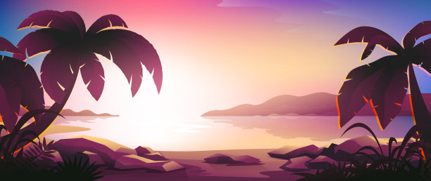 热带海滩上美丽的日落。图片下载