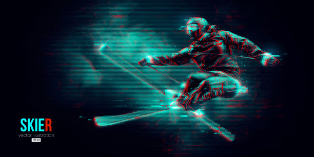 黑色背景上滑雪的抽象剪影。滑雪的人在做一个花样。矢量插图图片下载