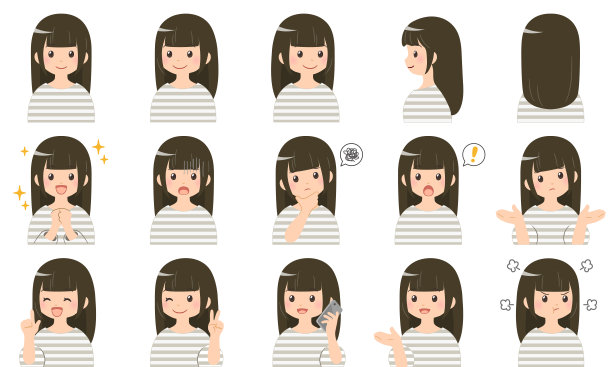 黑发女人，15种面部表情，胸像特写插图图片下载