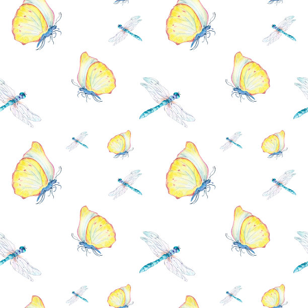 蝴蝶和蜻蜓水彩无缝图案上的白色。图片下载